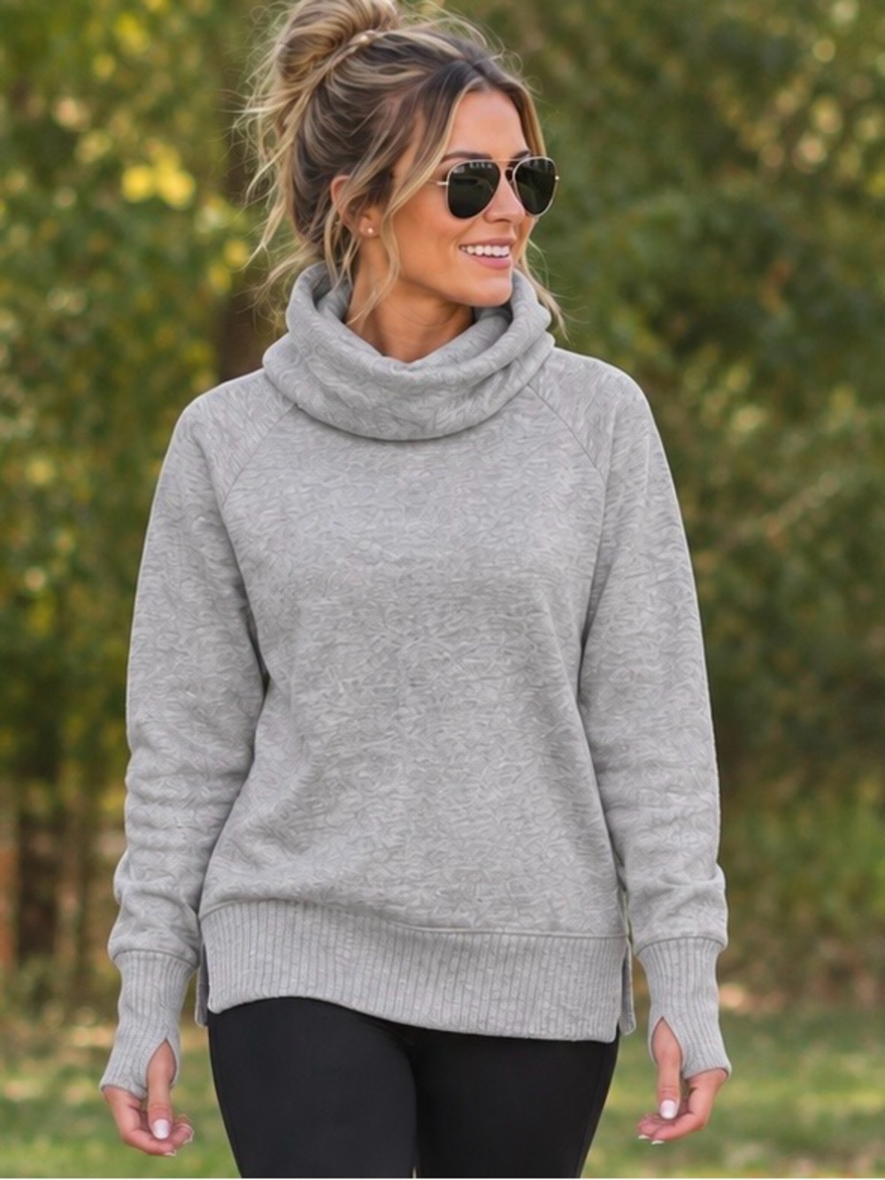 ALO Yoga Light Gray Cowl Neck Sweater with thumb holes.